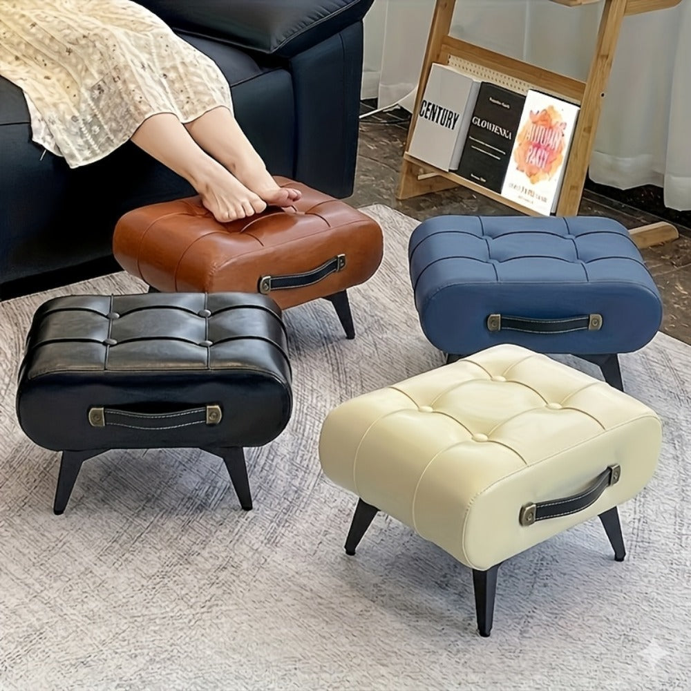 Footstool, Leather Ottoman Low Stool Oil Wax Padded Shoe Changing Bench for Living Room shown in the main product view