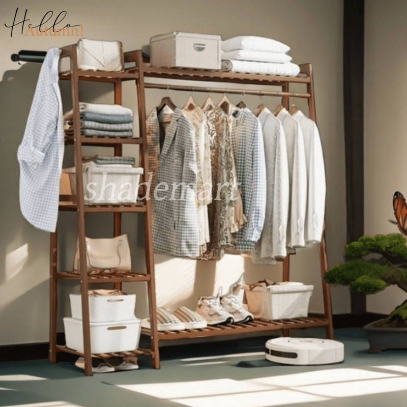 Freestanding Bamboo Clothes Rack with Storage Bag and Adjustable Shelves detail image - detail view 10
