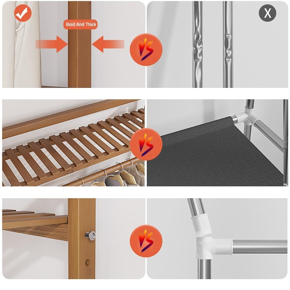 Freestanding Bamboo Clothes Rack with Storage Bag and Adjustable Shelves detail image - detail view 13