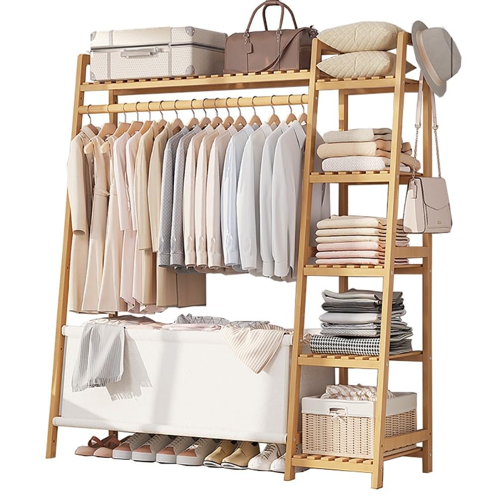 Freestanding Bamboo Clothes Rack with Storage Bag and Adjustable Shelves detail image - detail view 22