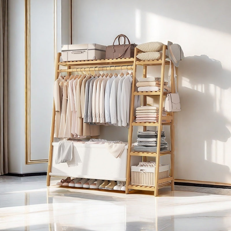 Freestanding Bamboo Clothes Rack with Storage Bag and Adjustable Shelves detail image - detail view 23