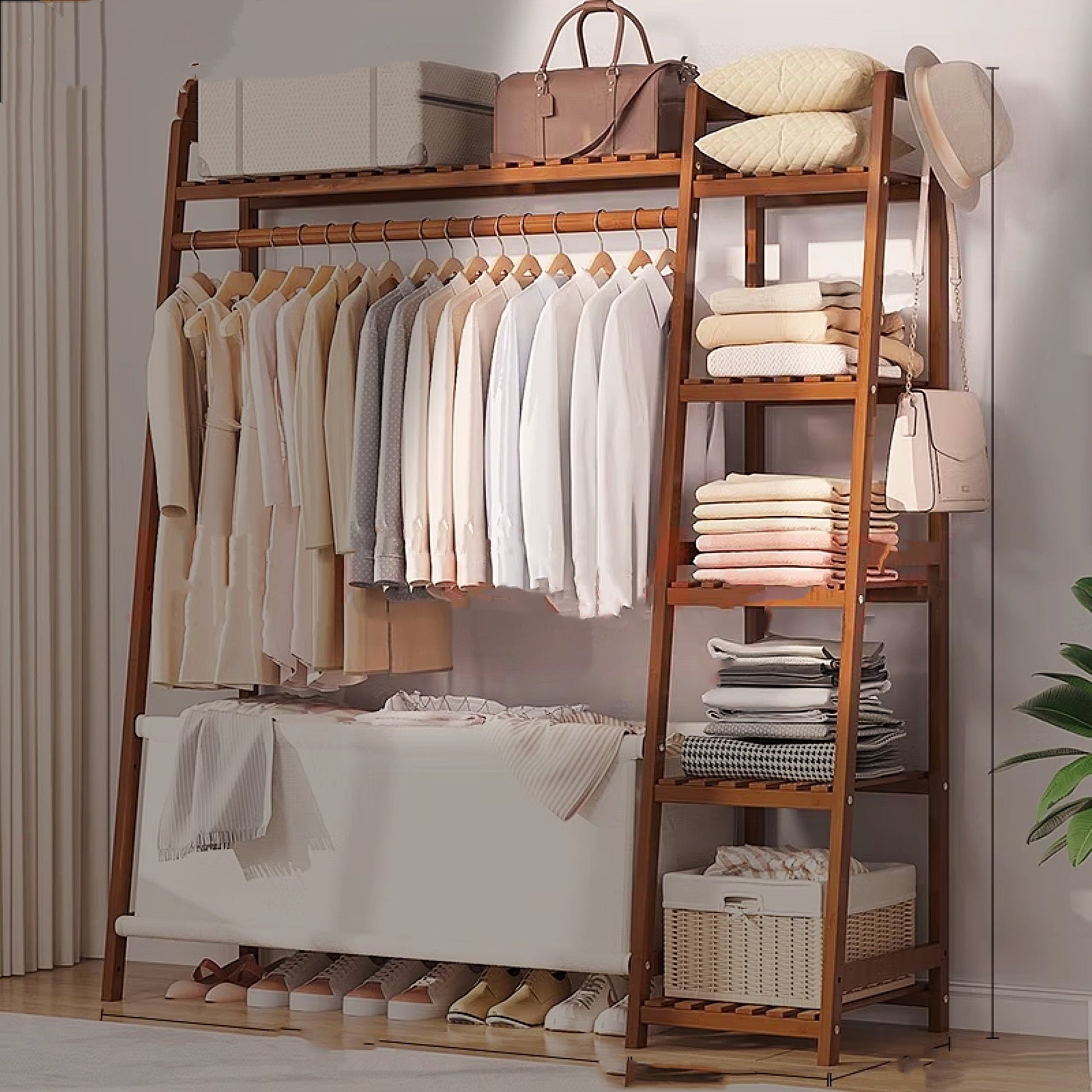 Freestanding Bamboo Clothes Rack with Storage Bag and Adjustable Shelves detail image - detail view 26