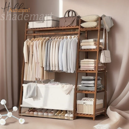 Freestanding Bamboo Clothes Rack with Storage Bag and Adjustable Shelves detail image - detail view 45