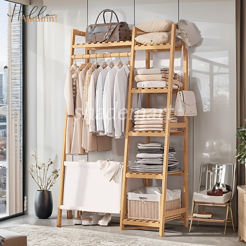 Freestanding Bamboo Clothes Rack with Storage Bag and Adjustable Shelves detail image - detail view 4