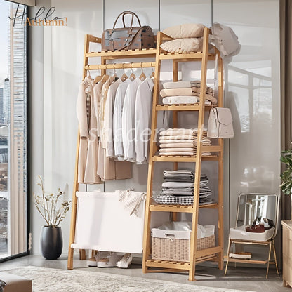 Freestanding Bamboo Clothes Rack with Storage Bag and Adjustable Shelves detail image - detail view 4