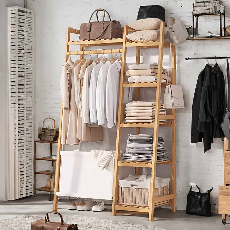 Freestanding Bamboo Clothes Rack with Storage Bag and Adjustable Shelves detail image - detail view 5
