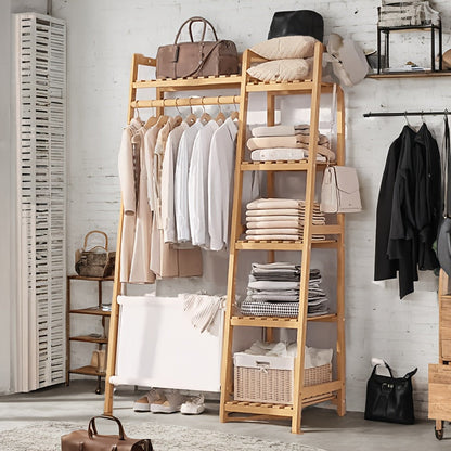 Freestanding Bamboo Clothes Rack with Storage Bag and Adjustable Shelves detail image - detail view 5