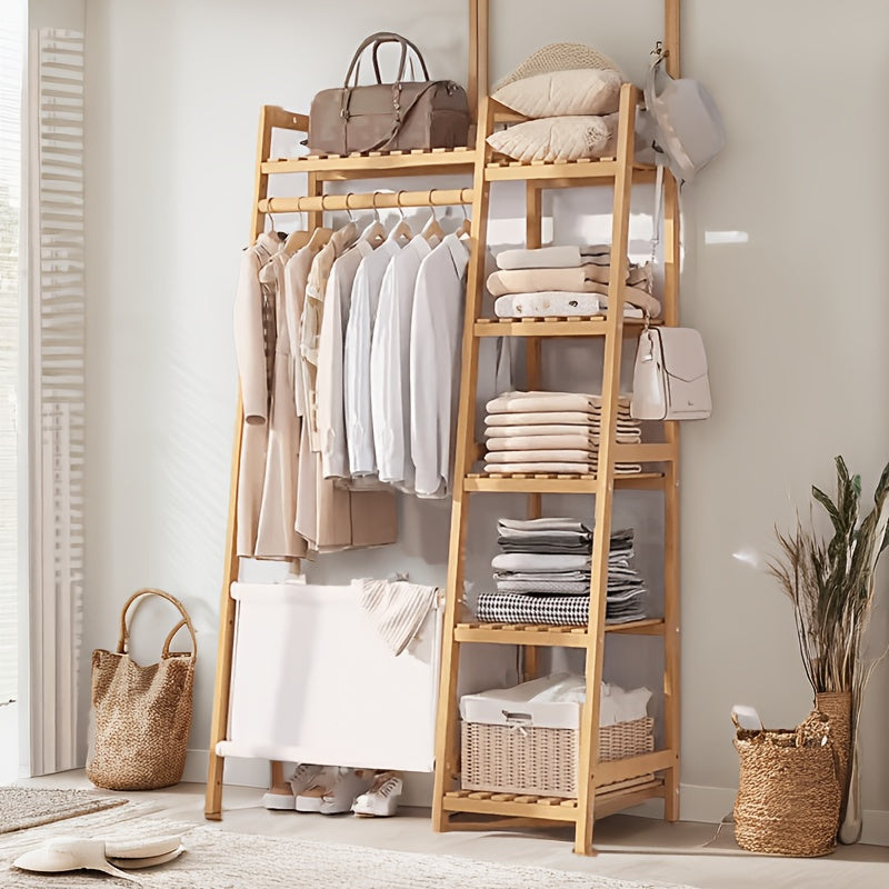 Freestanding Bamboo Clothes Rack with Storage Bag and Adjustable Shelves detail image - detail view 6