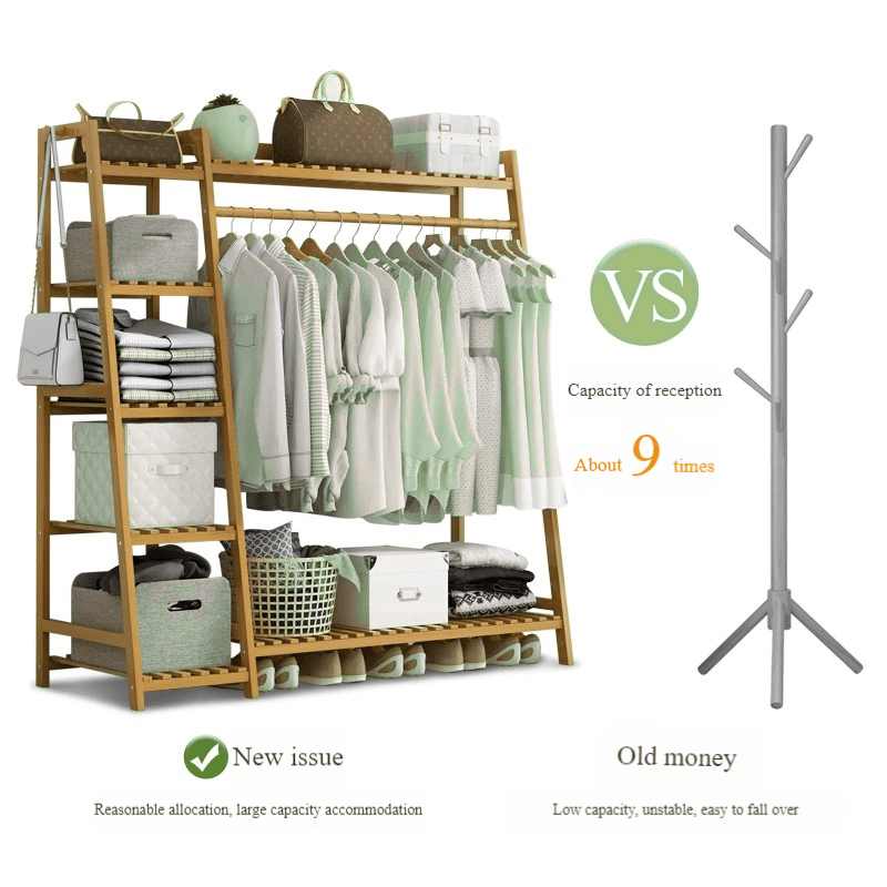Freestanding Bamboo Clothes Rack with Storage Bag and Adjustable Shelves detail image - detail view 9