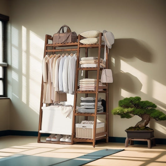 Clothes Rack, Bamboo with Shelves & Hat Hooks - Freestanding Wardrobe Organizer shown in the main product view