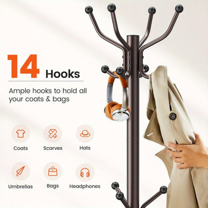 Coat Rack, Adjustable Coat and Hat Rack with 14 Hooks and 4 Height Settings, Freestanding shown in the main product view