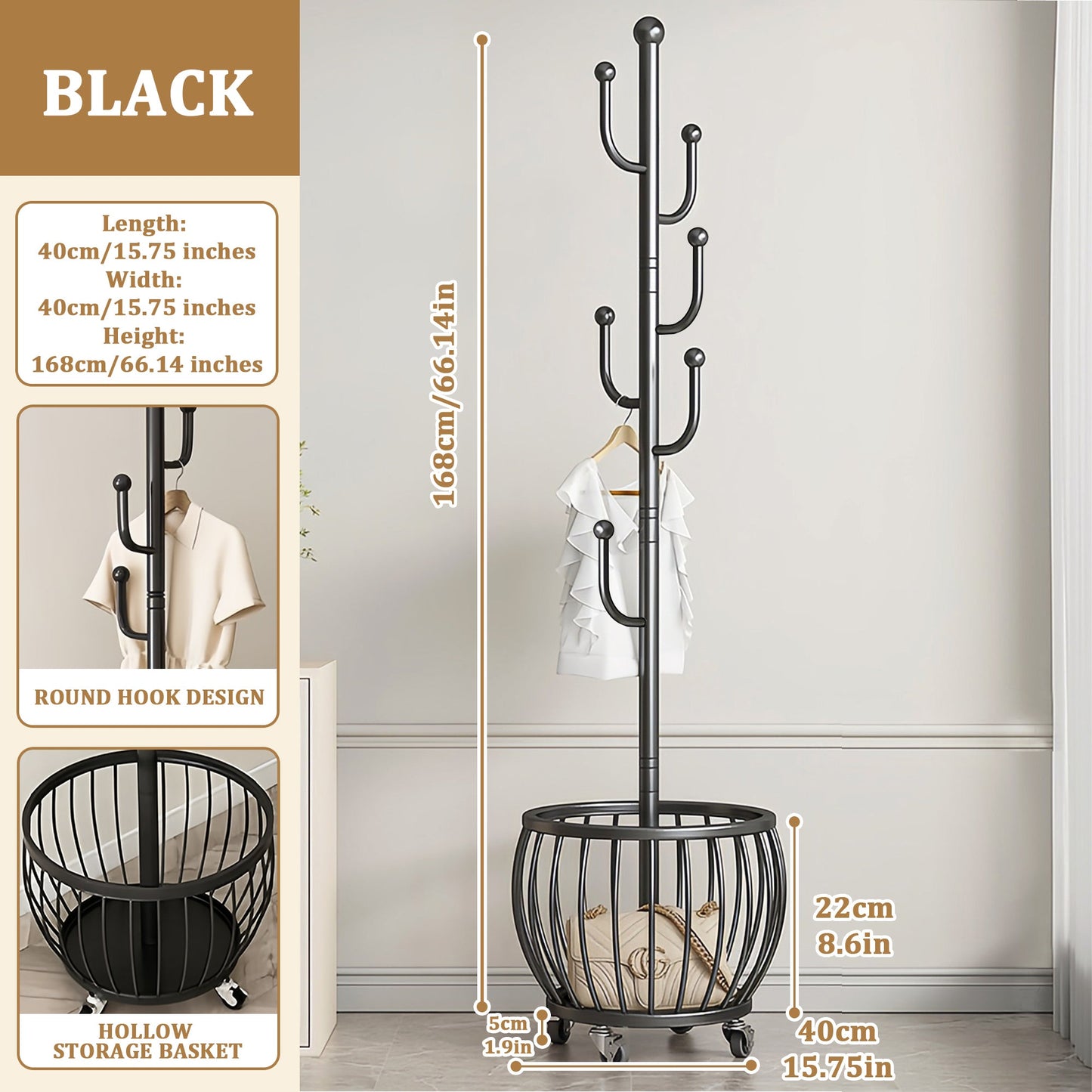 Freestanding Coat Rack with Locking Wheels for Organized Everyday Storage in Entryway detail image - detail view 12