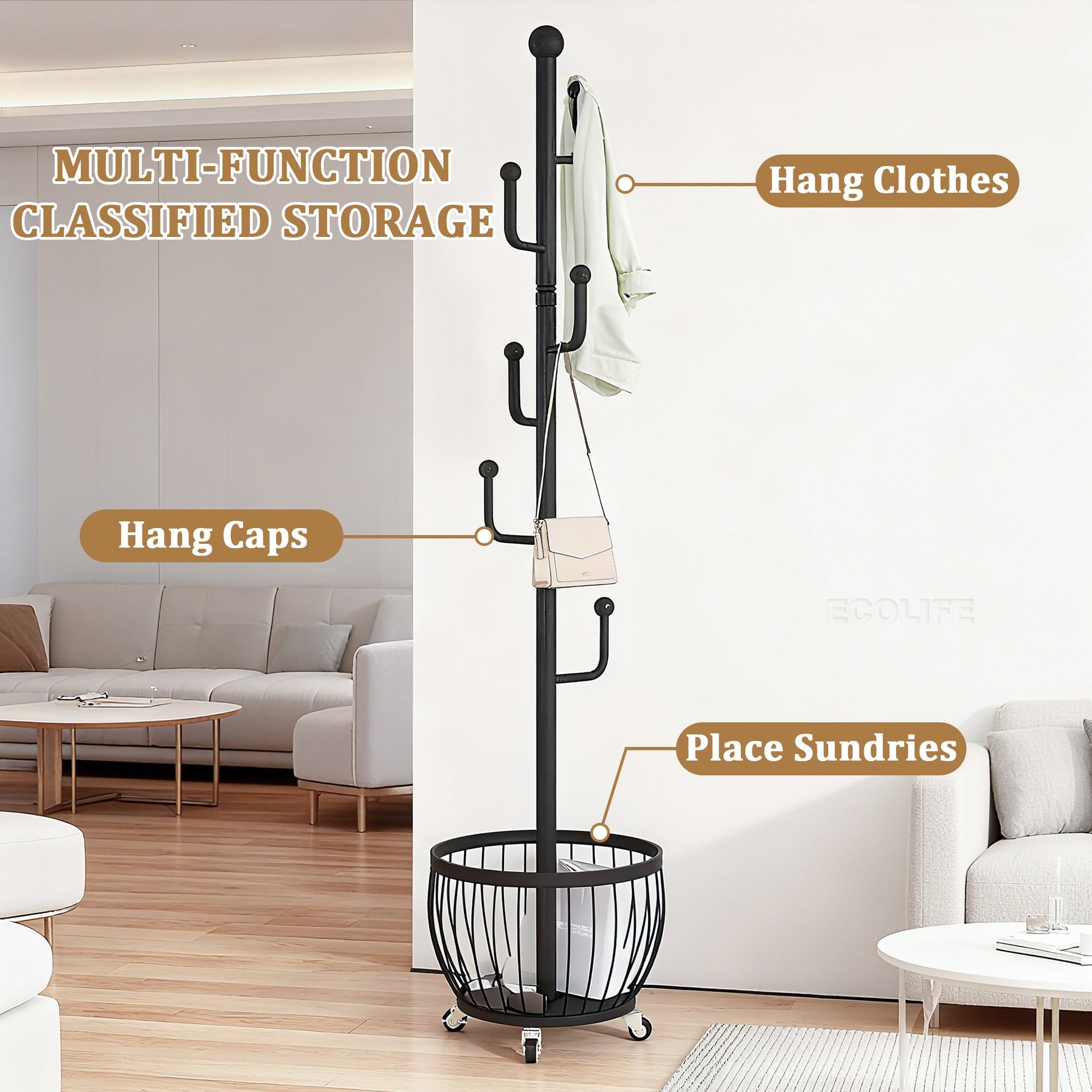 Freestanding Coat Rack with Locking Wheels for Organized Everyday Storage in Entryway detail image - detail view 21