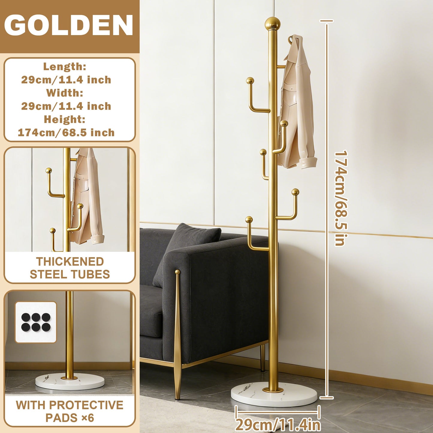 Coat Rack shown in the Golden Coat Rack - White Circular Base option