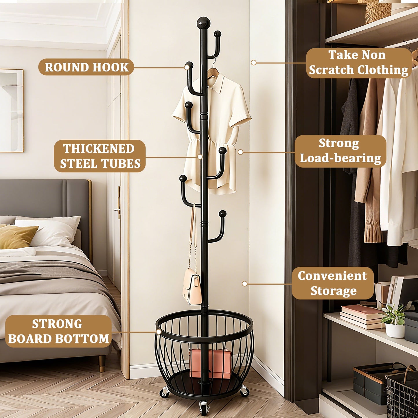 Coat Rack, Rotating with Storage Basket & 6 Hooks, Freestanding Mobile Clothes Hanger on 4 shown in the main product view