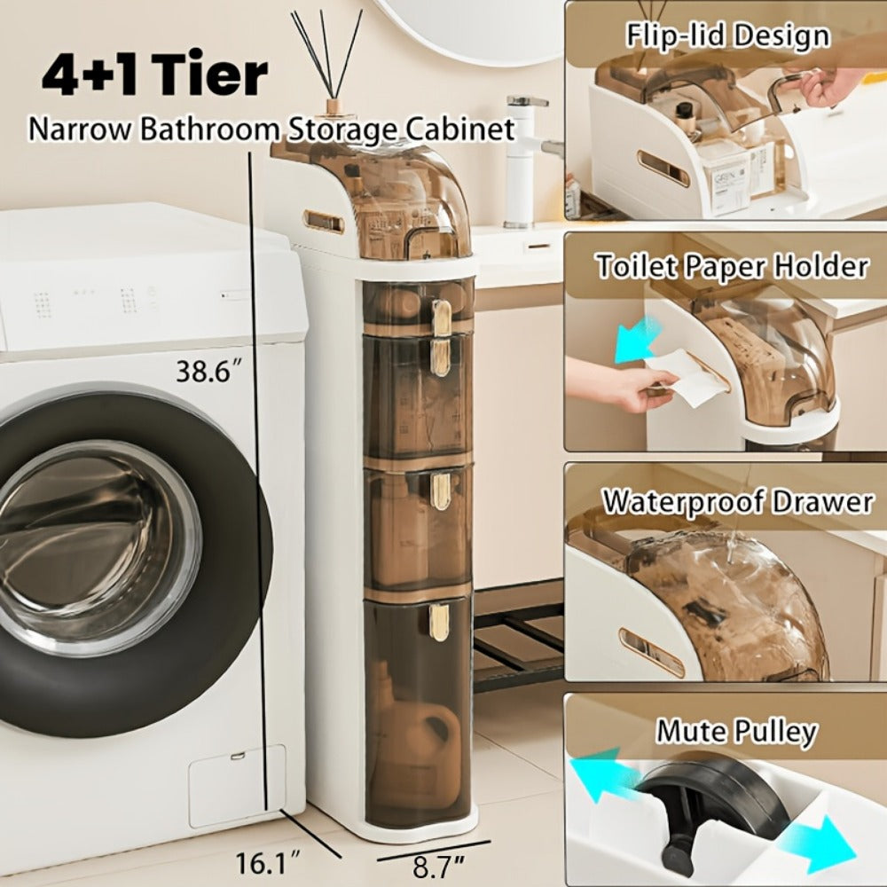 Freestanding Narrow Bathroom Storage Cabinet with Clear Drawers and Tool-Free Assembly detail image - detail view 6