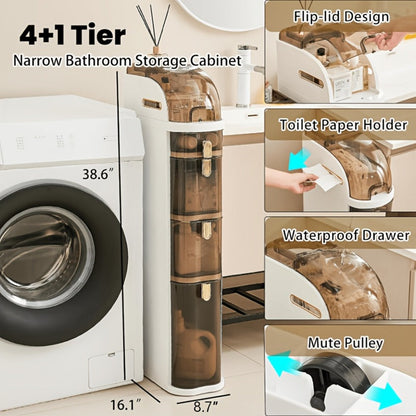 Freestanding Narrow Bathroom Storage Cabinet with Clear Drawers and Tool-Free Assembly detail image - detail view 6