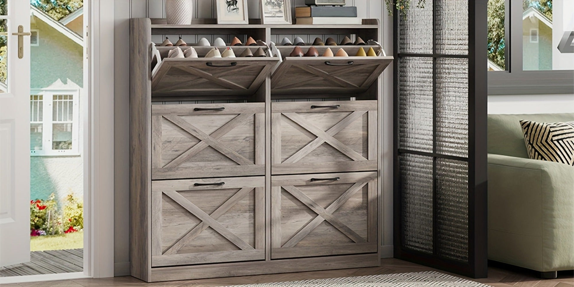 Freestanding Narrow Shoe Cabinet, Covered Shoe Storage for Entryway detail image - detail view 22
