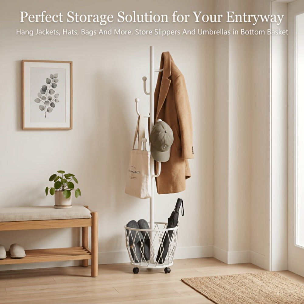Freestanding Rolling Coat Rack with Locking Wheels, Entryway Hall Tree detail image - detail view 11
