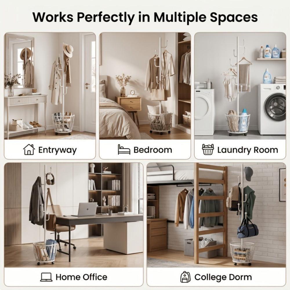 Freestanding Rolling Coat Rack with Locking Wheels, Entryway Hall Tree detail image - detail view 12