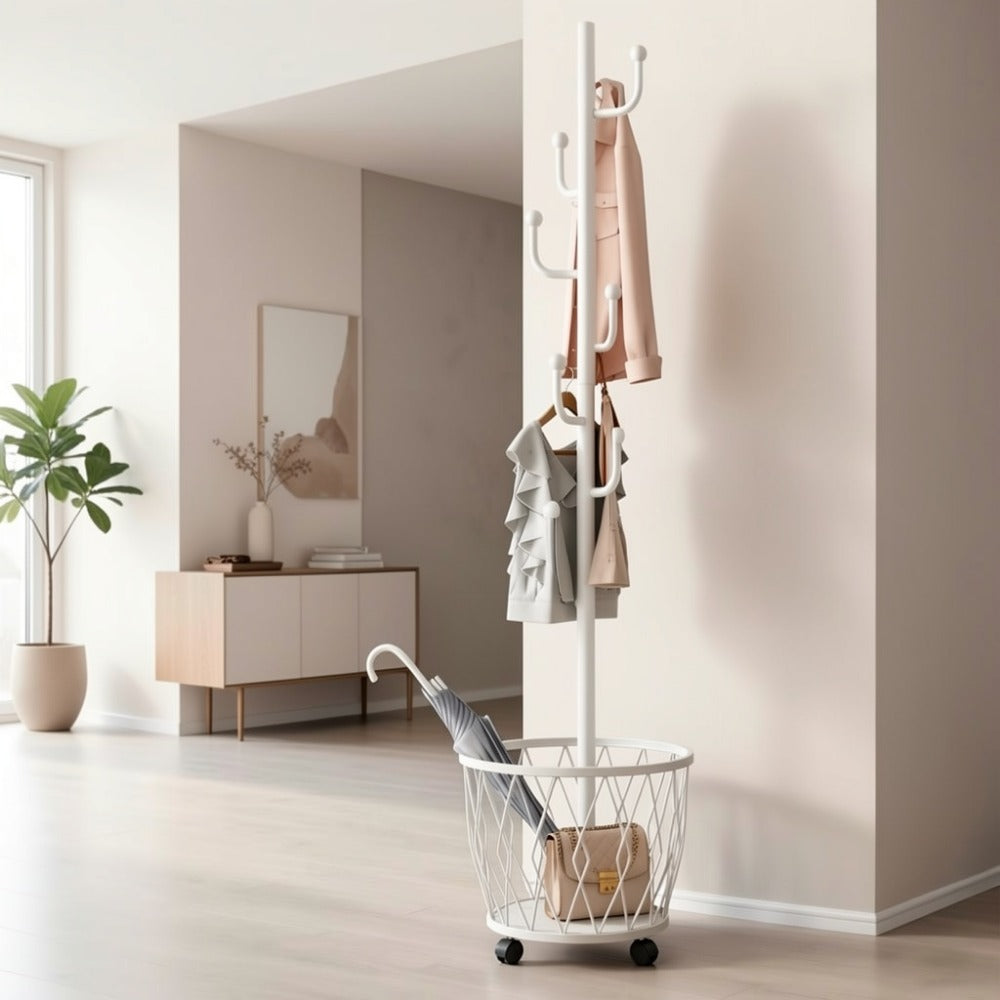 Freestanding Rolling Coat Rack with Locking Wheels, Entryway Hall Tree detail image - detail view 9