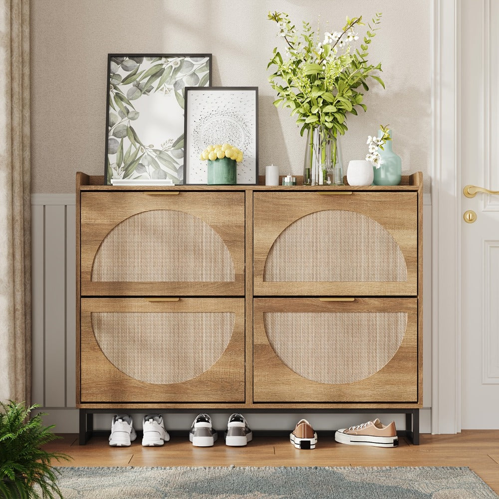 Shoe Cabinet, Rattan Shoe Storage Cabinet with Flip Drawers, Rustic Oak Freestanding shown in the main product view