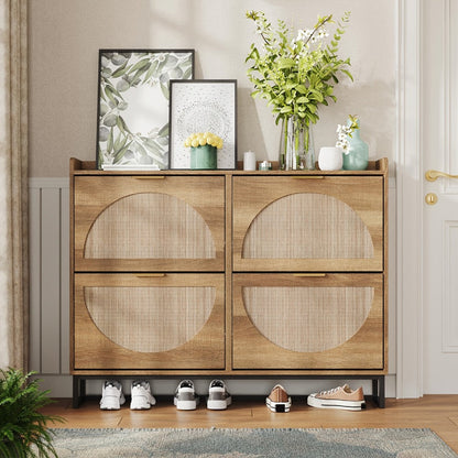 Shoe Cabinet, Rattan Shoe Storage Cabinet with Flip Drawers, Rustic Oak Freestanding shown in the main product view