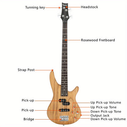Full Size 4-String Electric Bass Guitar, 34-Inch Scale, Dual Pickups detail image - detail view 12