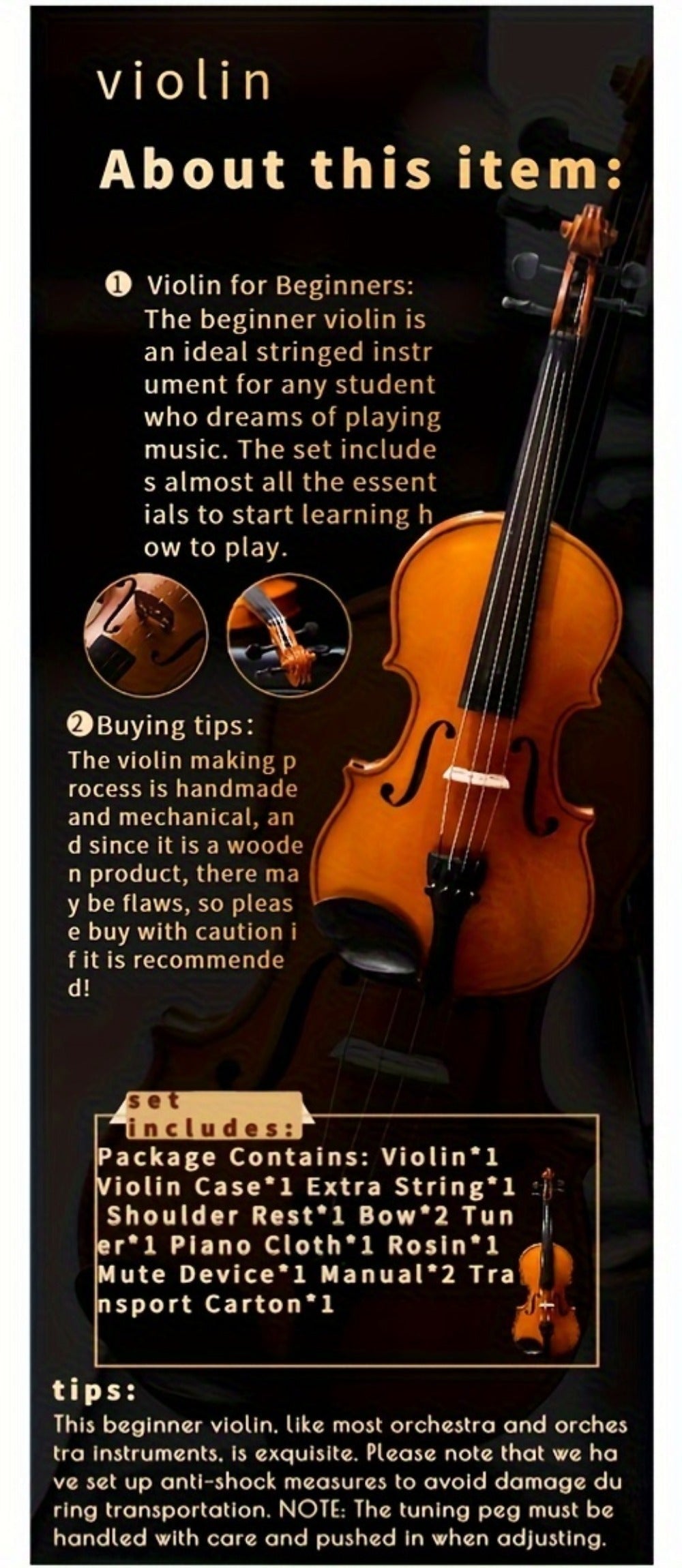 Full Size Violin, 4/4, Full Size, Beginner, Set, Adult for Lessons and Practice detail image - detail view 10