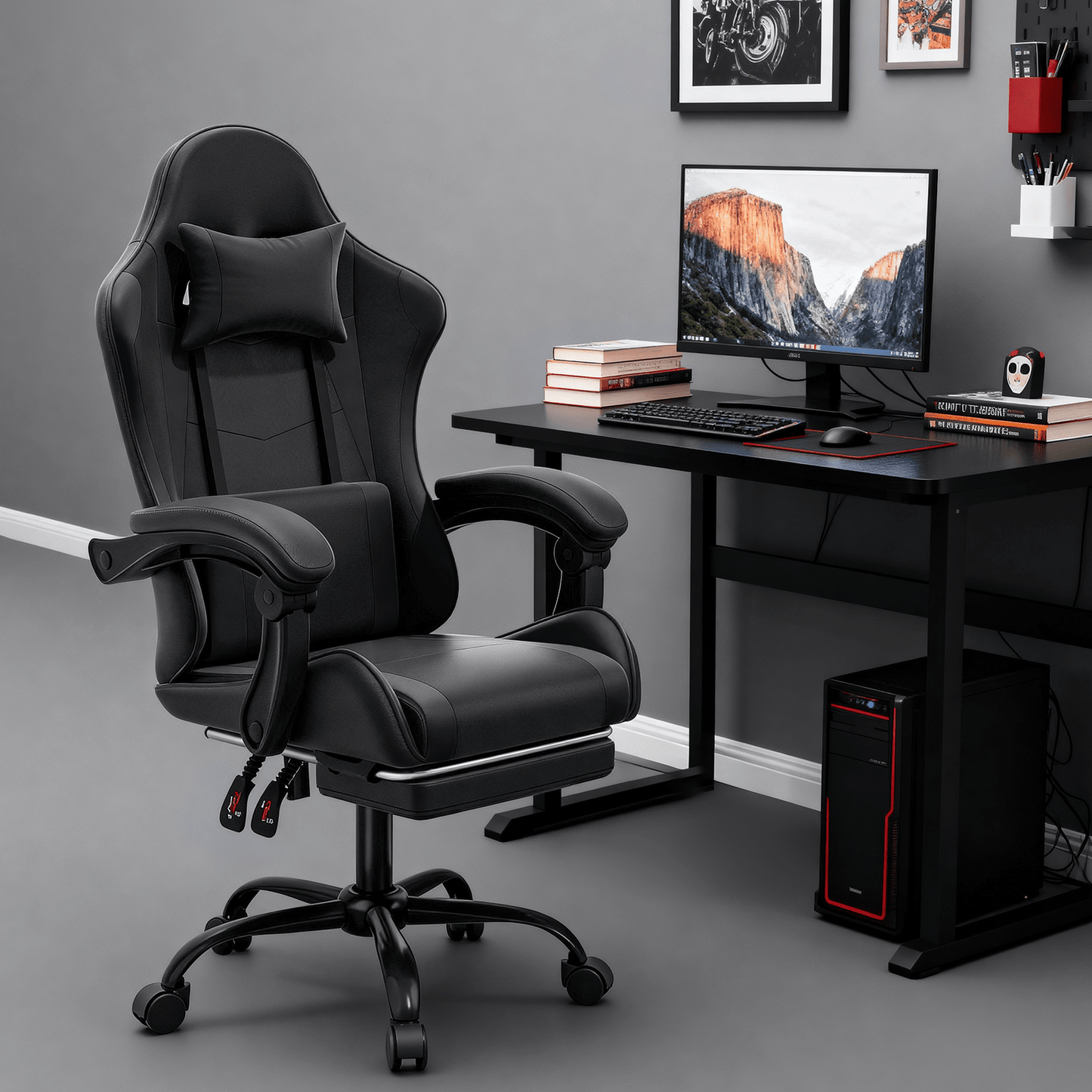 Gaming Chair, Racing Style with Retractable Footrest & Detachable Lumbar Support - 145° shown in the main product view