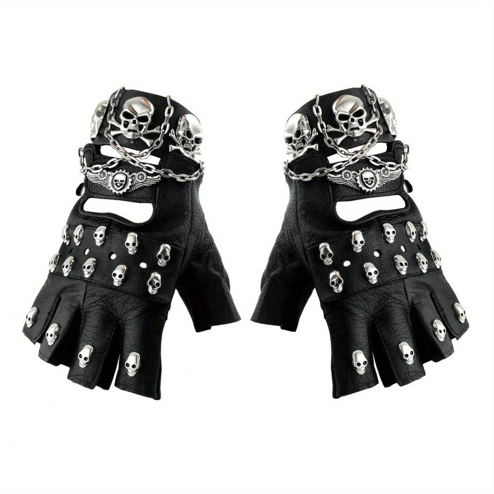 Gloves - Fingerless Leather Gothic Skull Punk Motorcycle with Metal Chain Bracelet - main product view