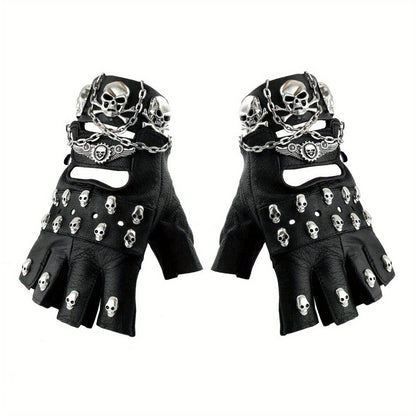 Gloves - Fingerless Leather Gothic Skull Punk Motorcycle with Metal Chain Bracelet - main product view