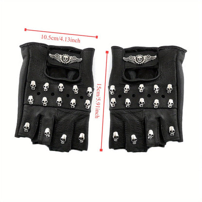 Gloves - Fingerless Leather Gothic Skull Punk Motorcycle with Metal Chain Bracelet - product detail view 2