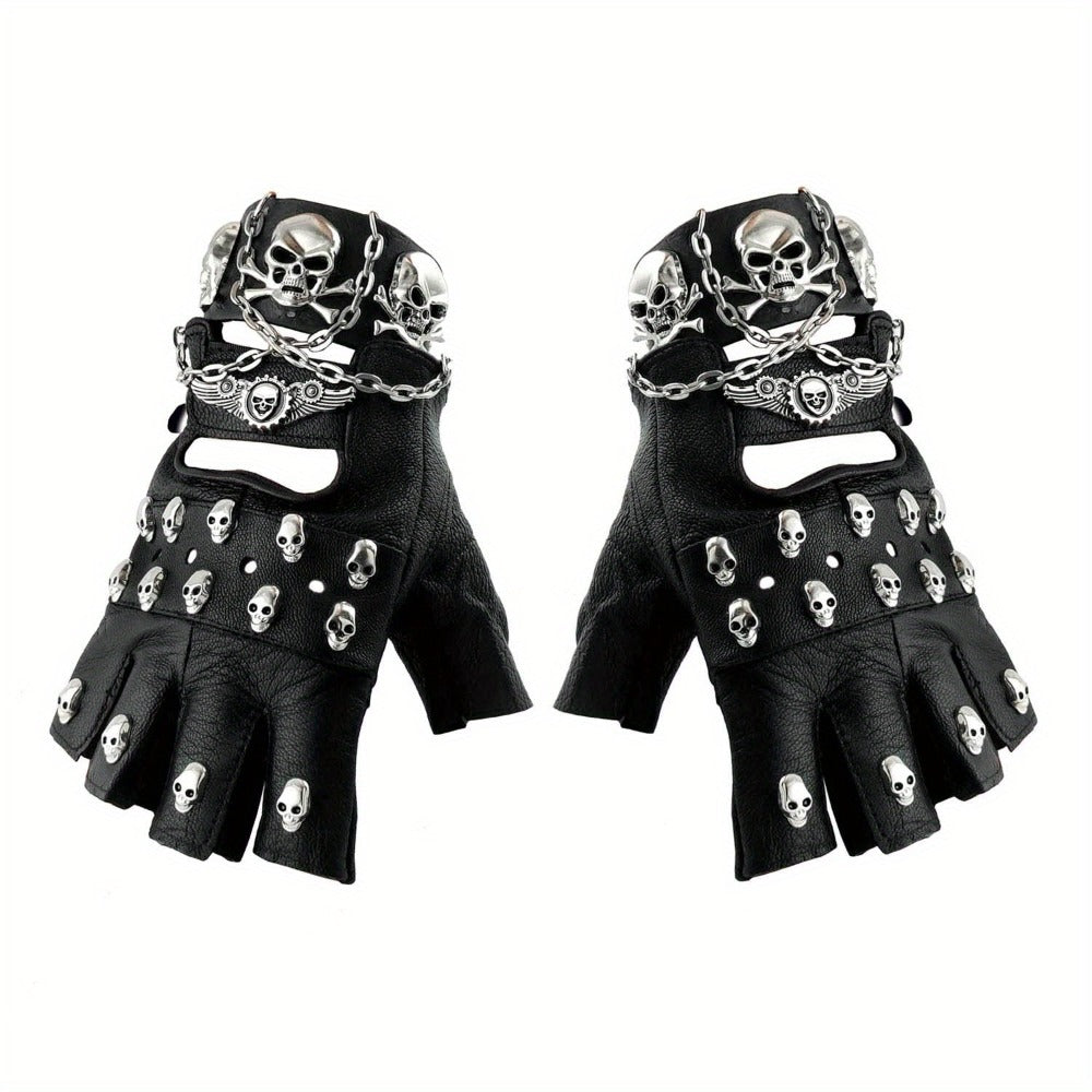Gloves - Fingerless Leather Gothic Skull Punk Motorcycle with Metal Chain Bracelet - product detail view 3
