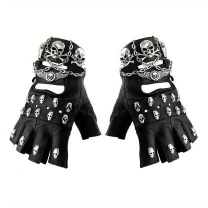Gloves - Fingerless Leather Gothic Skull Punk Motorcycle with Metal Chain Bracelet - product detail view 3