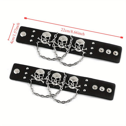 Gloves - Fingerless Leather Gothic Skull Punk Motorcycle with Metal Chain Bracelet - product detail view 4