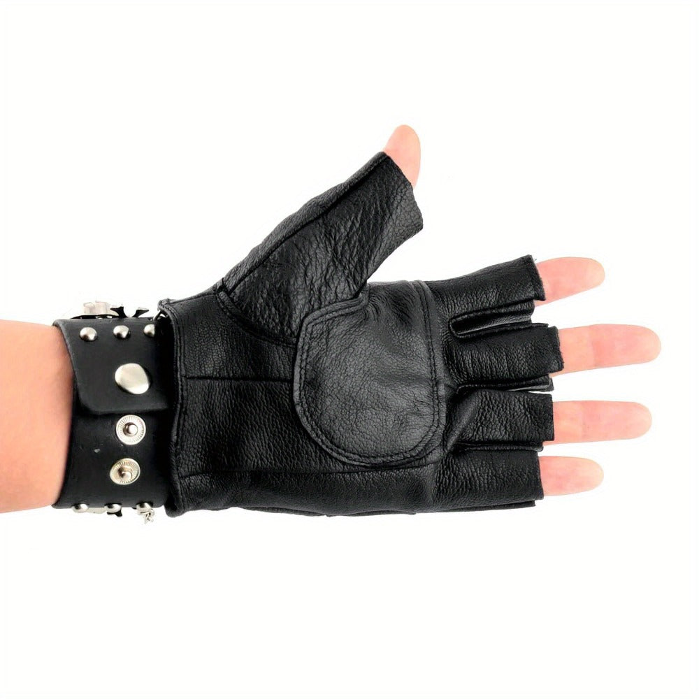 Gloves - Fingerless Leather Gothic Skull Punk Motorcycle with Metal Chain Bracelet - product detail view 5