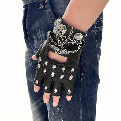 Gloves - Fingerless Leather Gothic Skull Punk Motorcycle with Metal Chain Bracelet - product detail view 6