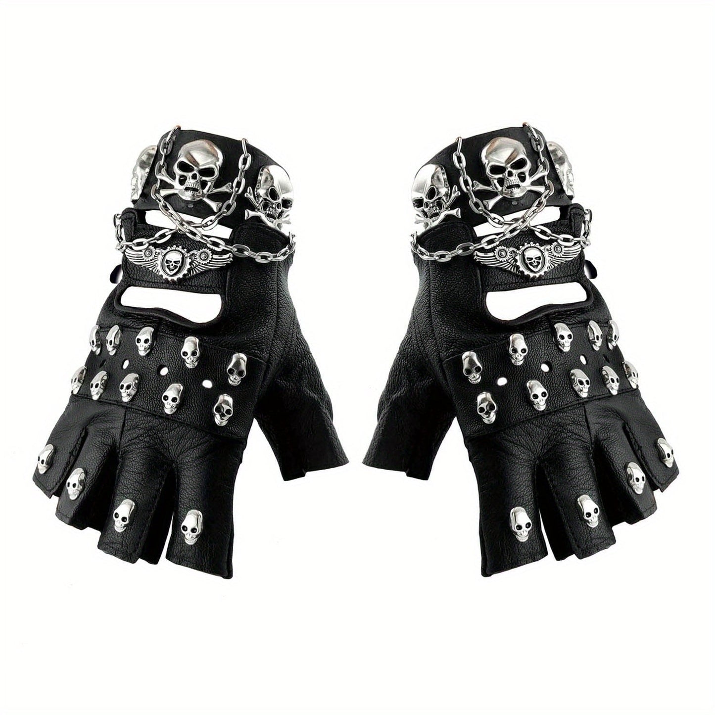 Gloves - Fingerless Leather Gothic Skull Punk Motorcycle with Metal Chain Bracelet - product detail view 9