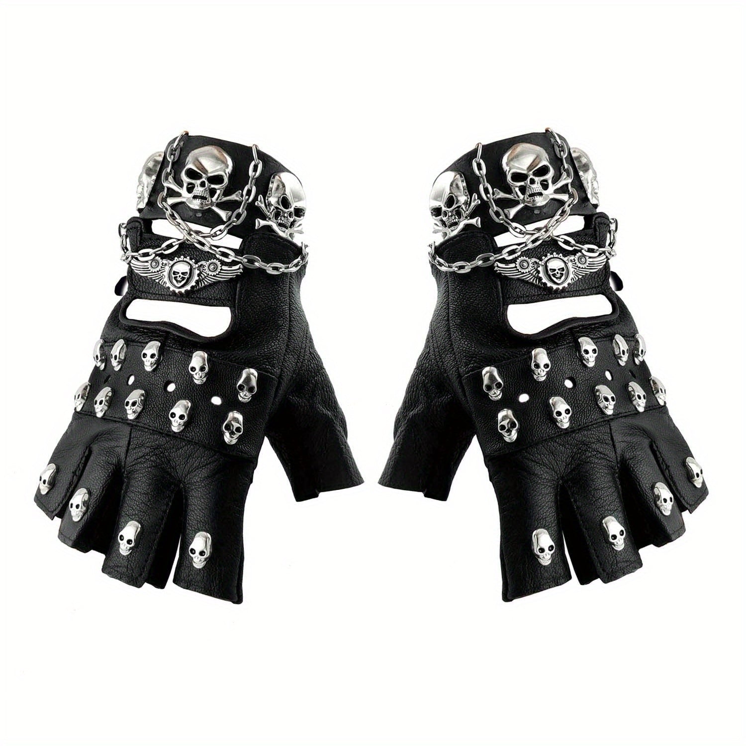 Gloves - Fingerless Leather Gothic Skull Punk Motorcycle with Metal Chain Bracelet - product detail view 9