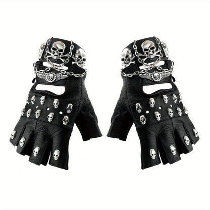 Gloves - Fingerless Leather Gothic Skull Punk Motorcycle with Metal Chain Bracelet - product detail view 9