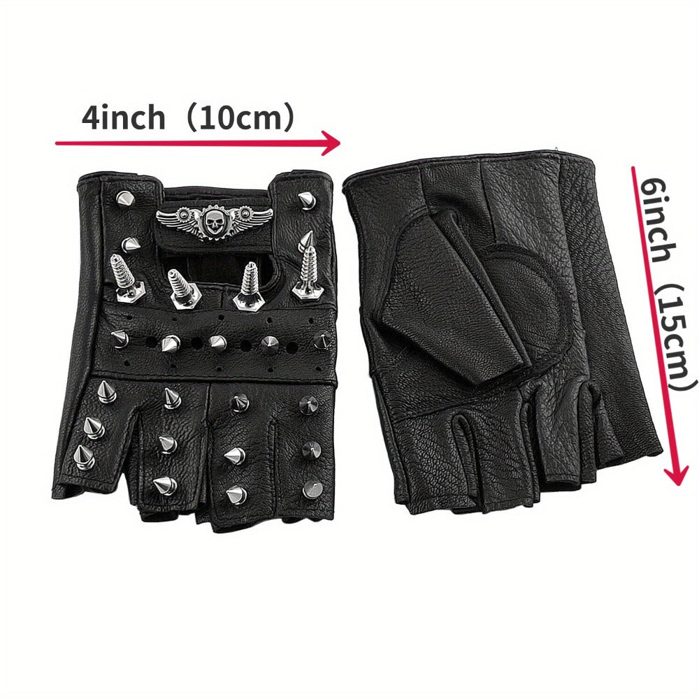 Gloves - Steampunk Leather Fingerless Men Motorcycle Biker with Rivet Chain - product detail view 2