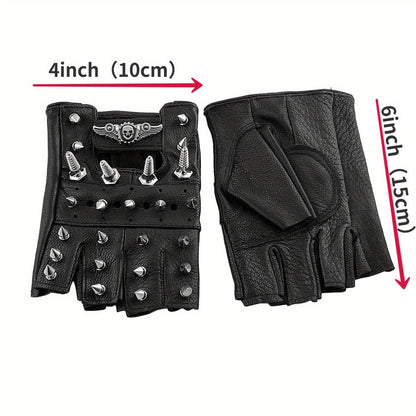 Gloves - Steampunk Leather Fingerless Men Motorcycle Biker with Rivet Chain - product detail view 2