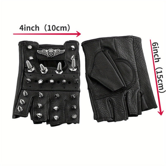 Gloves - Steampunk Leather Fingerless Men Motorcycle Biker with Rivet Chain - product detail view 2