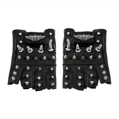 Gloves - Steampunk Leather Fingerless Men Motorcycle Biker with Rivet Chain - product detail view 7