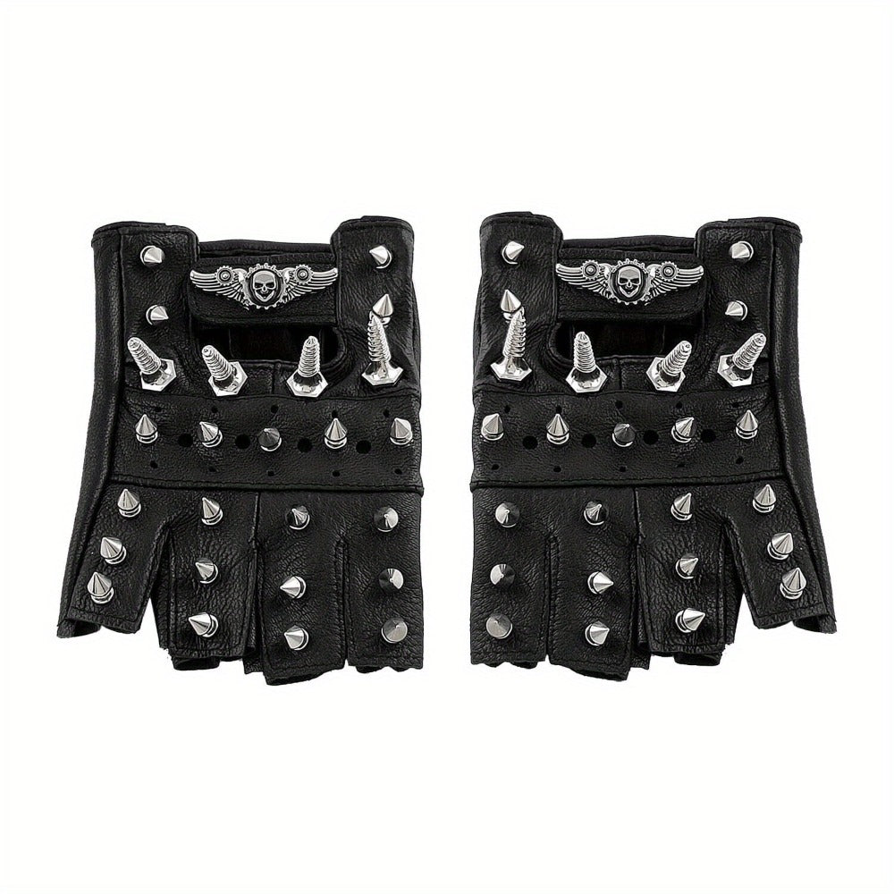 Gloves - Steampunk Leather Fingerless Men Motorcycle Biker with Rivet Chain - product detail view 9