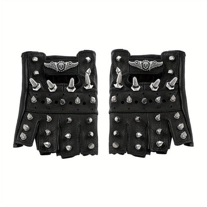 Gloves - Steampunk Leather Fingerless Men Motorcycle Biker with Rivet Chain - product detail view 9