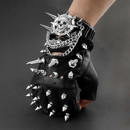 Gloves - Steampunk Leather Fingerless Men Motorcycle Biker with Rivet Chain - product detail view 11