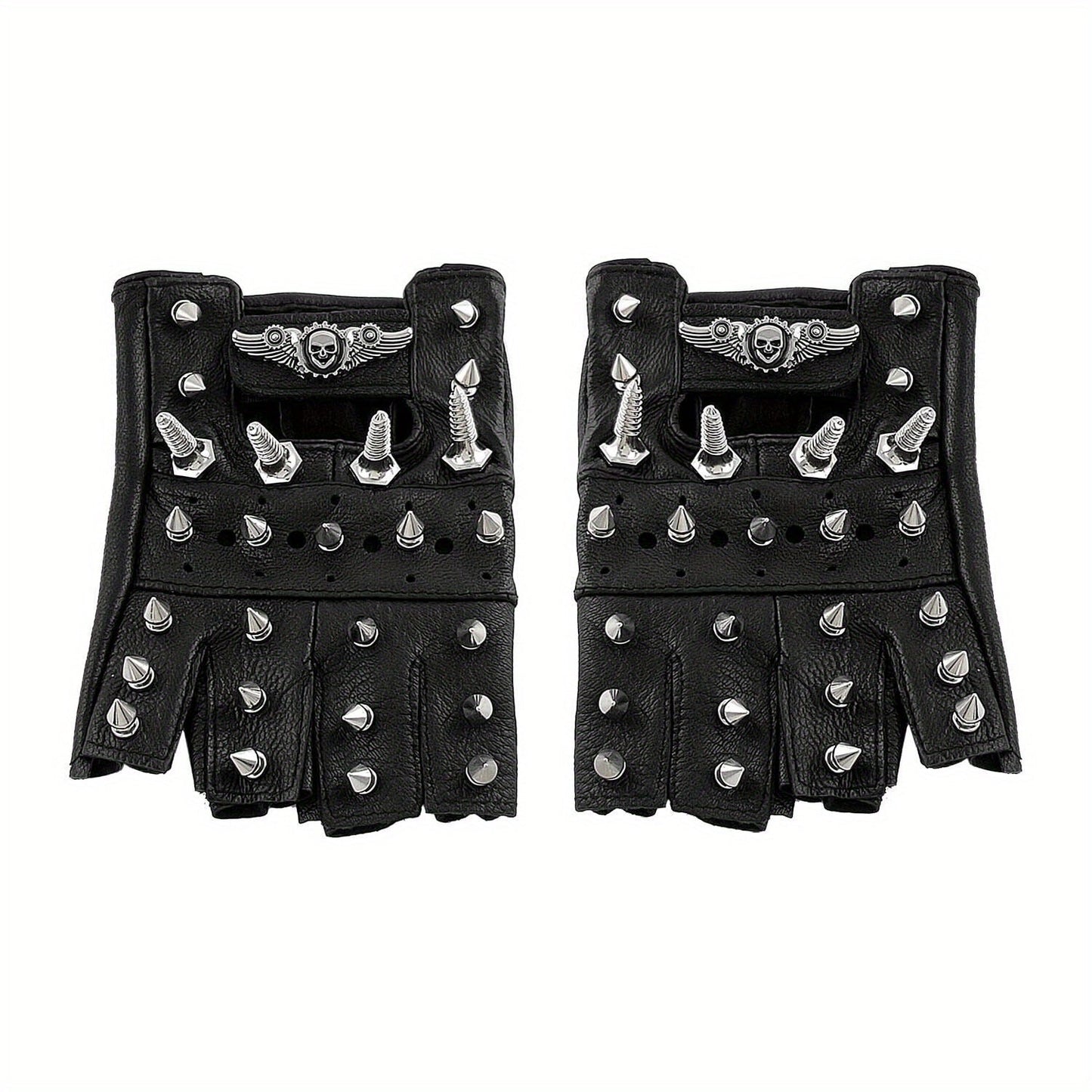 Gloves - Steampunk Leather Fingerless Men Motorcycle Biker with Rivet Chain - product detail view 13