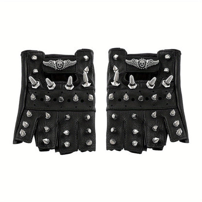 Gloves - Steampunk Leather Fingerless Men Motorcycle Biker with Rivet Chain - product detail view 13